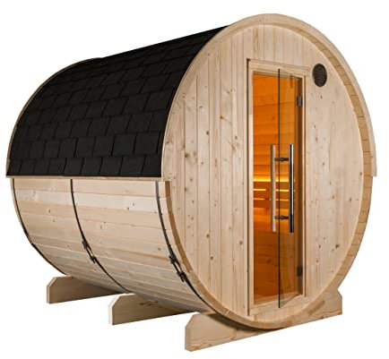 Sentiotec Kuusi 220 Fasssauna aus Fichte Gartensauna mit Dacheindeckung Ø 220 x 220 cm