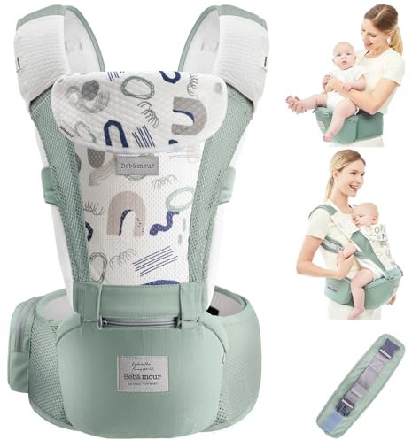 Bebamour Babytrage mit Hüftsitz mit Kopfbedeckung 3 Saugkissen Extender(Baby Carriers Foam Series, Air Green)
