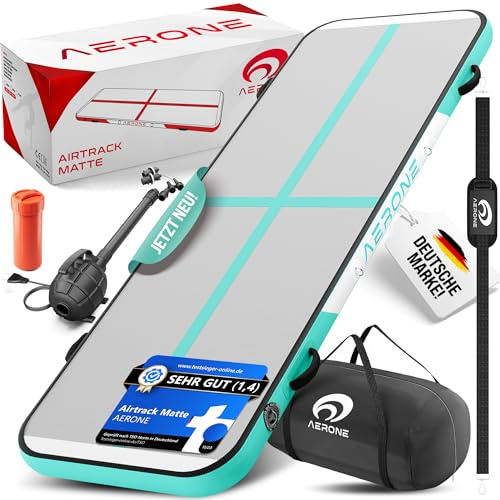 AERONE Airtrack Turnmatte Aufblasbar | Air Tracking Matte 4m [Zubehör Schultergurt Tragetasche Luftpumpe] Air Track für Turnen Gymnastik Zuhause Outdoor Pool | Mint