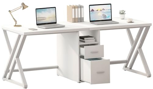 LVB Weiß Large Double Industrial Computer-Schreibtisch mit Schubladen, Extra Lange Gaming-Tabelle mit Lagerung Schrank Regale, Holz-Metall-Computer-Schreibtisch