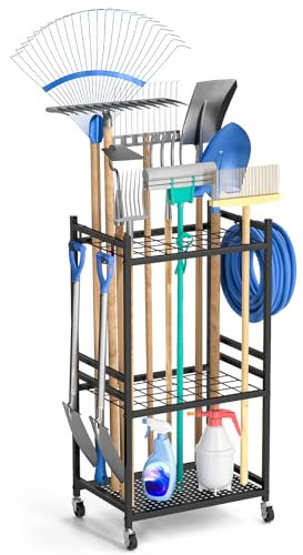 DAOUTIME Garden Organizer With Wheels, Yard Tower Rack for Garage Storage, Up to 35 Long-Handled Tools, Sturdy Metal Steel Holder With 3 Hooks, Outdoor, Black