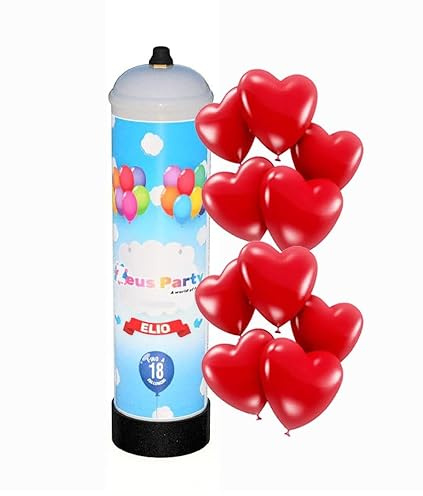 Zeus Party Elio per palloncini - Kit Bombola gas elio per il gonfiaggio di 18 palloncini + 10 palloncini rossi a foma di cuore per feste e party di ogni genere, SAN VALENTINO