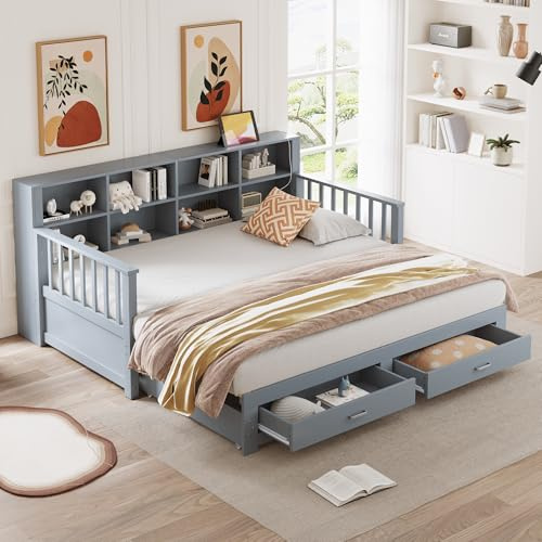 boorbin Sofá Cama Extensible de Madera Maciza, Cama Nido 90/180 * 190 cm, Cama Plegable, Cama con cajones, Cama Plegable, Cama Multifuncional de Madera de Pino (Gris-3)