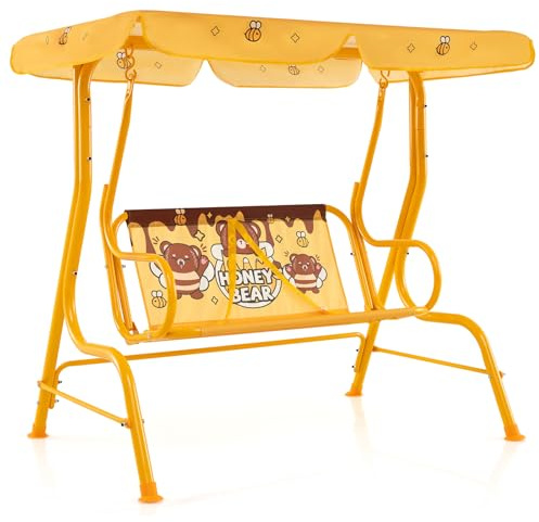 DREAMADE Balancelle de Jardin 2 Places pour Enfants,Balançoire Exterieur Enfant en Acier avec Auvent d’Inclinaison,Support en Métal,Ceintures de Sécurité,Charge 80 kg (Jaune)