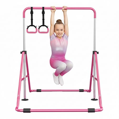 Gym Bar® Barre de Gymnastique Enfant Rose + Anneaux Gym Roses | Barre Fixe Réglable Pliable Antidérapante | Sangles Réglables | Gym, GRS, Traction, Suspension, Équilibre | Sport Enfants | AEROBIK