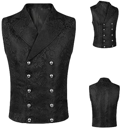Mens Gothic Short Waistcoat Steampunk Embroidered Suit Vest Men's Medieval Court Jacquard Waistcoat, Victorian Double Breasted Tank Tops Renaissance Black Formal Vest Knight Slim Tuxedo Waistcoats