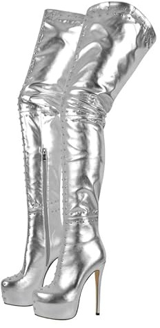 Women's Over the Knee High Boots with Zipper Studded Rivets Platform Comfort Thigh High Boots with Studs Spikes Stilettos Gothic Y2K Shoes Pole Dance Wedding PU Leather Long Booties Silver Size 13