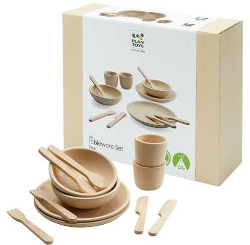 PlanToys® Pretend Play Wooden Tableware Set for Kids | 16-Piece Montessori Kitchen Toy Set with Plates, Cups, Bowls & Utensils | Eco-Friendly, Non-Toxic Toy for Toddlers & Preschoolers