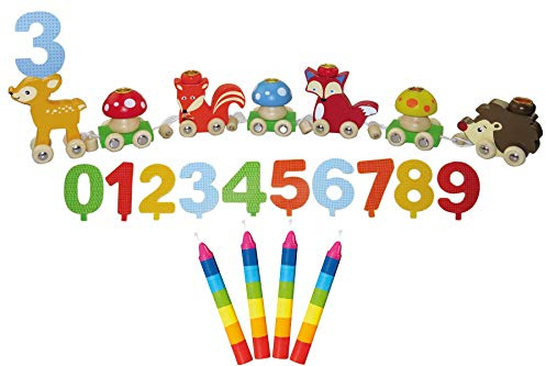 Ameisenkeks ® Juego de tren de cumpleaños con animales del bosque y 10 velas de colores