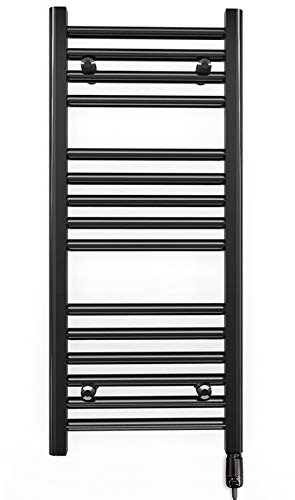 Myhomeware 400mm Wide Black Flat Electric Thermostatic Pre-Filled Towel Rail Radiator For Bathroom Designer UK (Alyssa 400 / 800mm Electric Black)