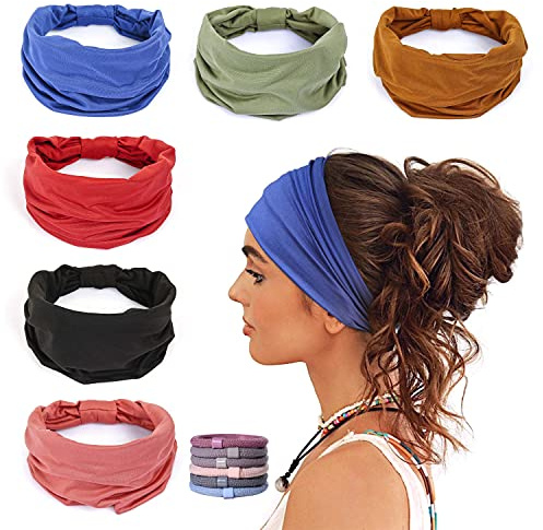GiLi 6 Pack Wide Headbands for Women Non Slip Soft Elastic Hair Bands Yoga Running Sports Workout Gym Head Wraps, Knotted Cotton Cloth African Turbans Bandana (with 6 Pcs Hair Ties)
