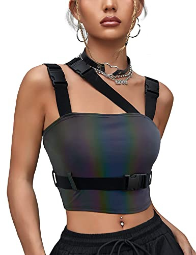 CYCLAMEN Women's Buckle Tank Tops Sleeveless Tube Crop Cami Tops Rave Gothic Punk Streetwear Shirt, Reflective Muticolor, XS