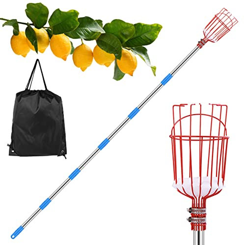 2.6M Fruit Picker with Telescopic Handle Stainless Steel Fruit Connecting Pole and Fruit Carrying Basket Lightweight Fruit Picker Stick for Lemons Apples Pears Peaches Oranges and More Fruits(260cm)