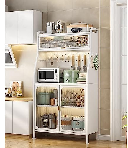 NJUN KüChenschrank,Mit Verstellbaren Haken Wohnzimmerschrank, Buffetschrank Verstellbare EinlegeböDen Und Kabelloch, Küchenbuffet für Küche, Wohnzimmer oder Arbeitsbereich（Weiß86x36x160）
