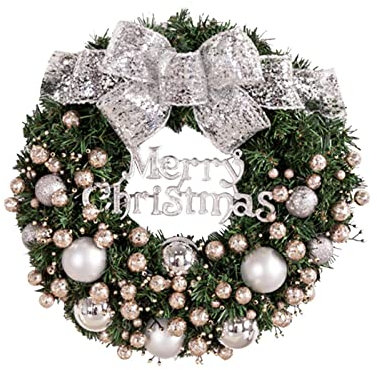 Rubu22a Ghirlanda natalizia per porta natalizia, con fiocchi argentati e sfere per porta di casa, decorazione natalizia, ghirlanda natalizia, corona dell'Avvento