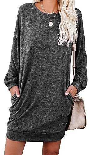 PrinStory Women Jumper Dress Long Sleeve Winter Dresses Casual Loose Mini Dresses Knitted Pullover Sweater Tunic Tops Basic Dress With Side Pockets UK Size 14-16 (Dark Grey, L)