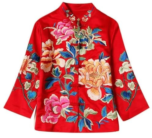 Sparctwer Veste de Style Chinois pour Femme - Chemisier brodé de Style Ethnique Blouse Chinoise rétro brodée Veste pour Femme Manteau à épaule Droite Vêtements Traditionnels Chinois, Rouge, 4XL