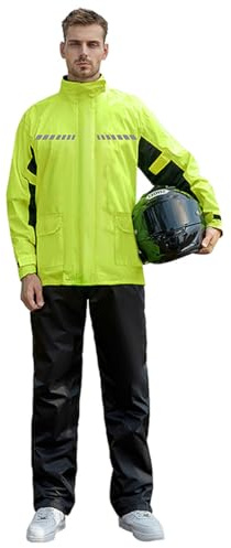Harssidanzar Tuta antipioggia da uomo per moto Giacca e pantaloni antipioggia leggeri da esterno con strisce riflettenti per la pesca e il ciclismo SM301EU,Giallo,Taglia L