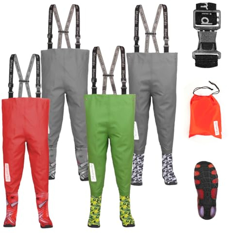 3Kamido Waders Barnfiske Vadare, Ungdomsbarn Vadare - Ljusgrön CRAFT modell, Justerbar midja, Slitstarka hängslen, Nexus Spänne, Barns Fiskeskor 29/30 EU