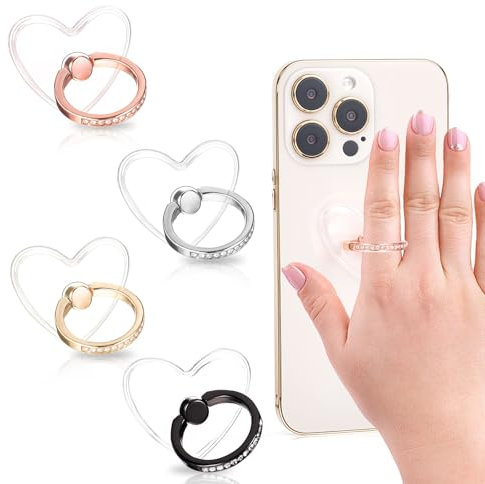 Nogeqi 4 piezas de soporte para teléfono móvil con corazón, transparente anillo de anillo para teléfono móvil, anillo portátil para teléfono móvil, anillo de anillo para teléfono móvil, rotación de