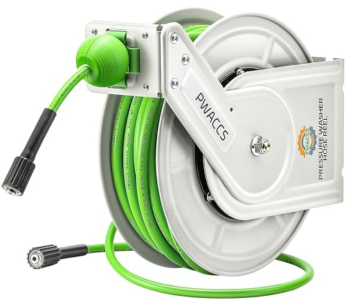 PWACCS Avvolgitubo per idropulitrice, Avvolgitubo a pressione retrattile 1/4 × 60 ft, Avvolgitubo per idropulitrice resistente, Avvolgitubo professionale con riavvolgimento automatico, Montaggio a