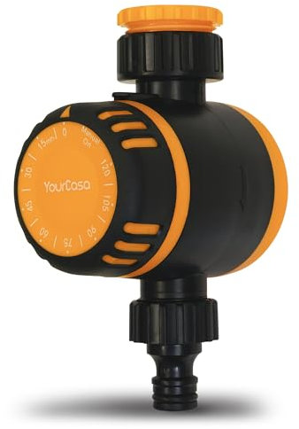 YourCasa Orologio per irrigazione MECCANICO con filtro [120 min] – Timer con attacco per tubo per irrigazione – Rubinetto da giardino acqua timer per irrigazione automatico timer (arancione)