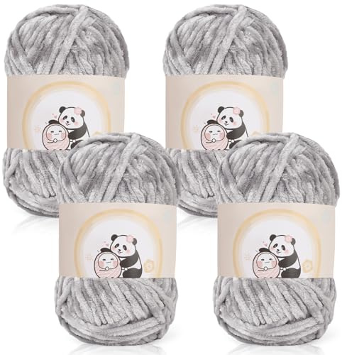 Aeelike Chenille Yarn 400g, 4 Pack Plush Chunky Chenille Wool for Knitting 100g Balls, Soft Fluffy Velvet Chunky Thick Yarn for Crochet Amigurumi, Baby Blanket, Scarves, Socks & DIY Crafts, Light Grey