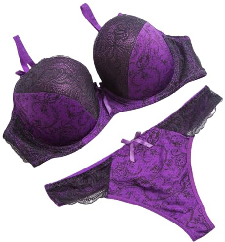 YUYUTulips Women's Push Up Smoothing Bra and Panty Sets Lace Comfort Soft Underwire T-Shirt Lingerie Bra (36E,Violet)