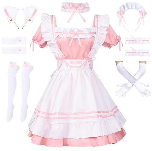 Amtum Anime French Lolita Fancy Dress Maid Apron Cosplay Costume Lolita Women's Outfit Anime halloween Costumes Headwear Gloves Socks Set Pink XL