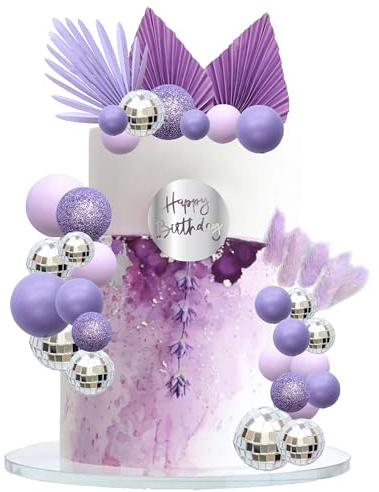 Gyufise Balls Cake Toppers Acrylic Happy Birthday Cake Topper Palm Leaves Cake Decorations for Birthday Wedding Baby Shower Party Supplies Purple