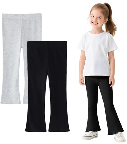 Baogaier Leggings para niñas Elásticos Pantalones Largos Acampanados, Pack de 2, Transpirable Suaves Algodón Bootcut Mallas Leggins Ropa Escolar Deportiva para 4-5 Años, Negro Gris