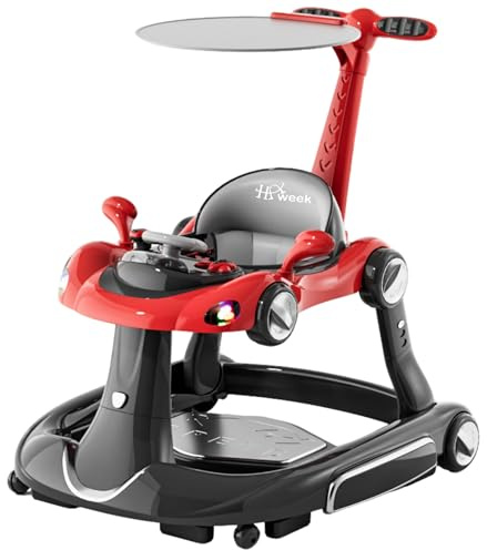 HAWEEK Baby Walker with Wheels, 7-in-1 Foldable Baby Walkers for Boys Girls 6-12 Months with Feeding Tray & Music, Lights,Rocker,Sun Canopy, Bouncing Pedal, Adjustable Wheel Speed, Push Walker (Red)