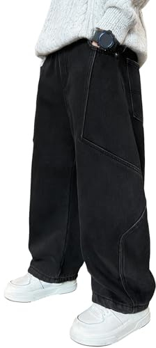 NEAWEALY Boys Jeans Teenager Baggy Trousers Casual Elasticated Waist Pants Black 10-11 Years