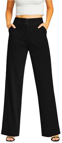 femiss Womens Wide Leg Trousers | High Waisted Tailored Smart Office Workwear | Relaxed Fit Flared Formal Business Casual Pants with Pockets | Sizes 6-20 | (Black-Stripe 10)
