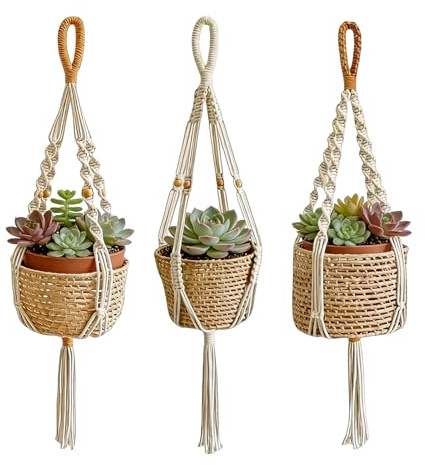 Makramé växthängare – 3 delar planteringstillbehör, takblomkrukhängare för trädgårdsmästare, boho inomhusdekor, vertikal grönskhållare med handvävt bomullsrep, botanisk display för balkong
