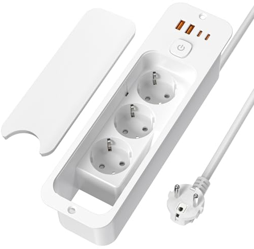 KEAGAR Inbyggt uttag 3-fack med lock, 4 USB (PD 20W) för bordsskiva
