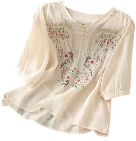 Blusas de lino de estilo bohemio para mujer, estilo bohemio, estilo bohemio, bordado, floral, tops de verano indio con volantes frontales para personas mayores, cuello redondo, gasa, fiesta, encaje