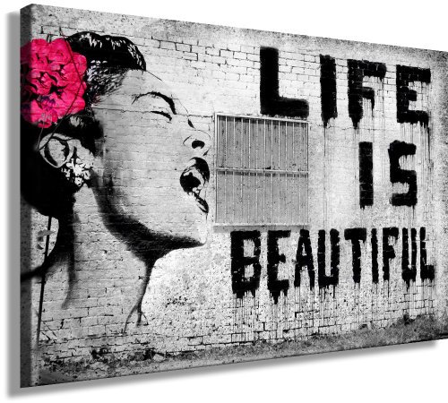 fotoleinwand24 Impression sur toile « Banksy » Graffiti - Image 120 x 80 cm - Poster prêt à l'emploi sur châssis - Impression d'art pop art - Décoration murale - Top 200 tableaux muraux street art de