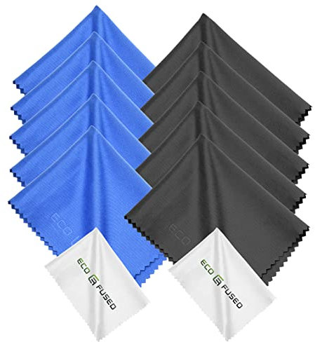 Microfiber Cleaning Cloth - Paquete de 12 paños de Limpieza de Microfibra para Gafas y Lentes de cámara, 6 x 7 Pulgadas, Azul/Negro, con paño de Limpieza Blanco