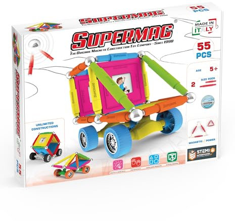 SUPERMAG - Wheels Magnetbaukasten - 55 Teile - Kinderspielzeug Ab 5 Jahren - Patentiertes System Basierend auf STEM-Programmen - Made In Italy