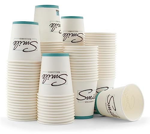 Wellsamed WELLSACUP 1000 Stück Pappbecher 180 ml, Motiv Smile Typografie, geeignet für Heiß- und Kaltgetränke, Coffee to Go, Business, Party