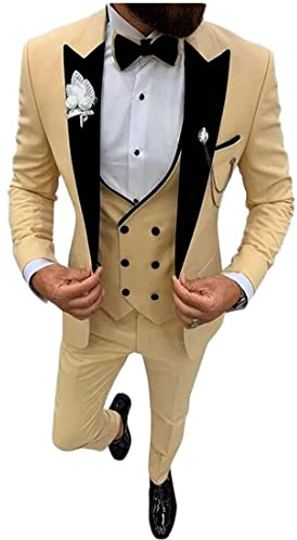 Costume 3 pièces à revers cranté pour homme - Smoking à simple boutonnage - Pour mariages, affaires et loisirs - Gilet, veste et pantalon, champagne, 48