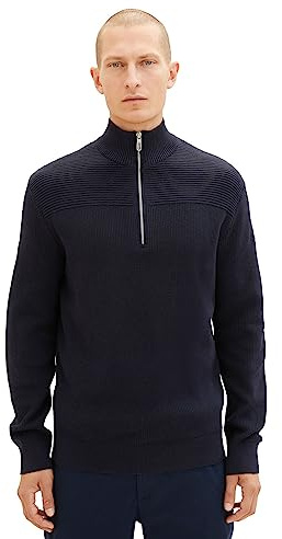 TOM TAILOR Collo Maglione Lavorato a Maglia con Colletto Troyer, 13160-knitted Navy Melange, S Uomo