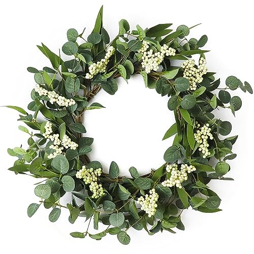 FENYUAN Wreaths for Front Door, 20 Artificial Eucalyptus Wreath, White Berry Greenery Wreath for Front Door Window Porch Wedding Farmhouse Garden Party Wedding Decor Spring Summer - Indoor/Outdoor