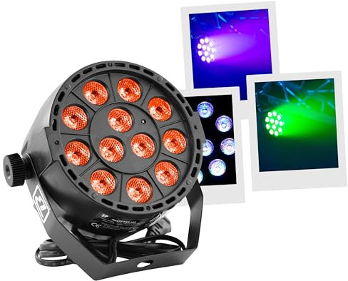 BoomTone DJ PARTY-PAR123 Projecteur lumineux polyvalent Noir - Jeux de lumière DJ - Eclairage pour soirées, fêtes - LED RVB 3-en-1 de 3W - Angle de projection de 20° - Stroboscope - DMX - Variateur.