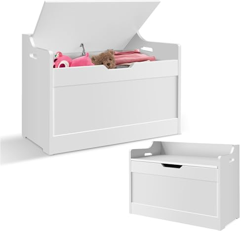 Wooden Toy Box, Kids Bench and Storage Chest with Safety Hinged Lid, Handles, Children's Organizer Cabinet for Playroom Bedroom - 40D x 62W x 46H