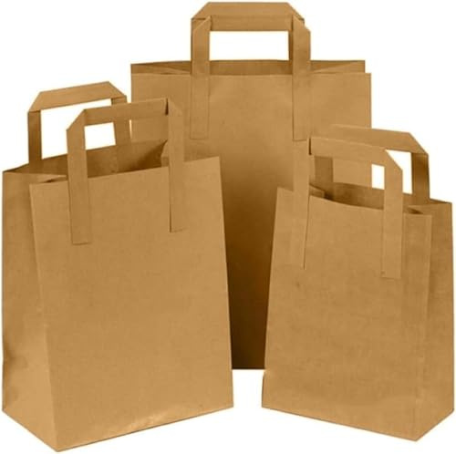 HOT BARGAINS Brown Paper Bags with Flat Handle, 150 Pack: 50 Large (26x14x29cm), 50 Medium (22x10x24cm), 50 Small (19x8x25cm), 100% Recyclable SOS Takeaway Carrier