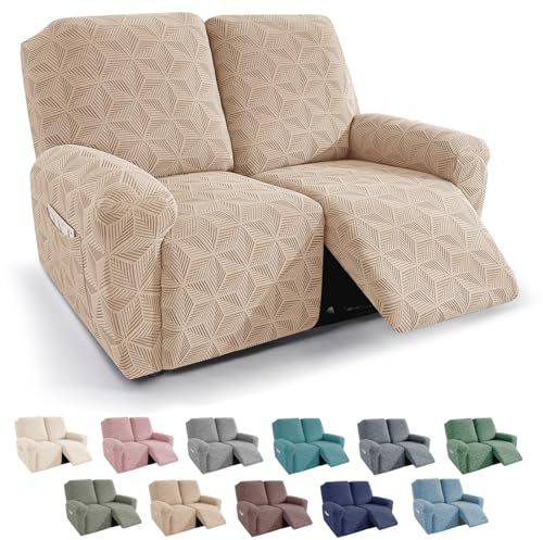 YEMYHOM Recliner Loveseat Slipcover, 4-Piece Stretch Sofa Cover for 2-Seat Dual Reclining Loveseat, Soft Geometric Jacquard Furniture Protector with Elastic Bands, Khaki