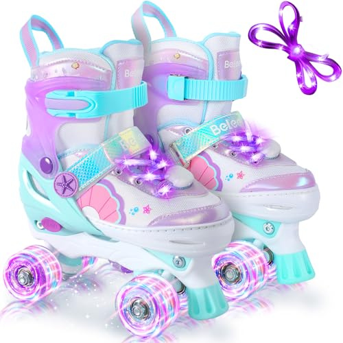 BELEEV Patins à roulettes 4 Taille Réglable, Skate Enfants avec 8 Roues LED Lumineuses et Lacets, Sûrs Amusants, Cadeau d'anniversaire et de Noël pour Adolescents Débutants Filles Garçons - Purple L