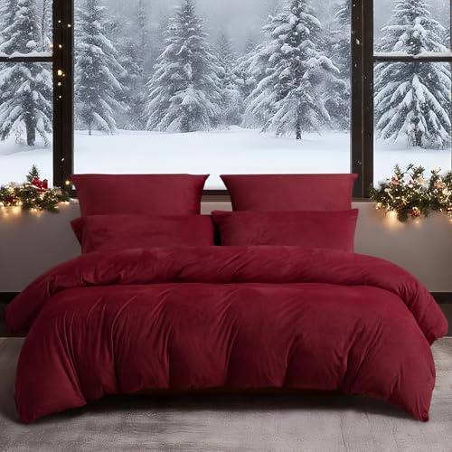 YASMENG Ropa de cama de invierno 135x200 4 piezas color rojo vino cálida acogedora suave ropa de cama de invierno terciopelo suave felpa forro polar franela juego de funda nórdica regalo con